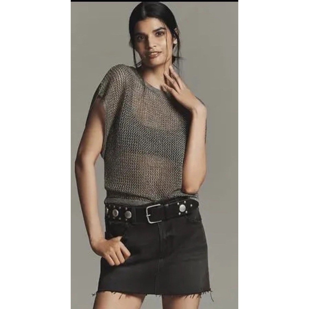 By Anthropologie Sheer Mesh Knit Metallic Grey Tank Top Women's XS